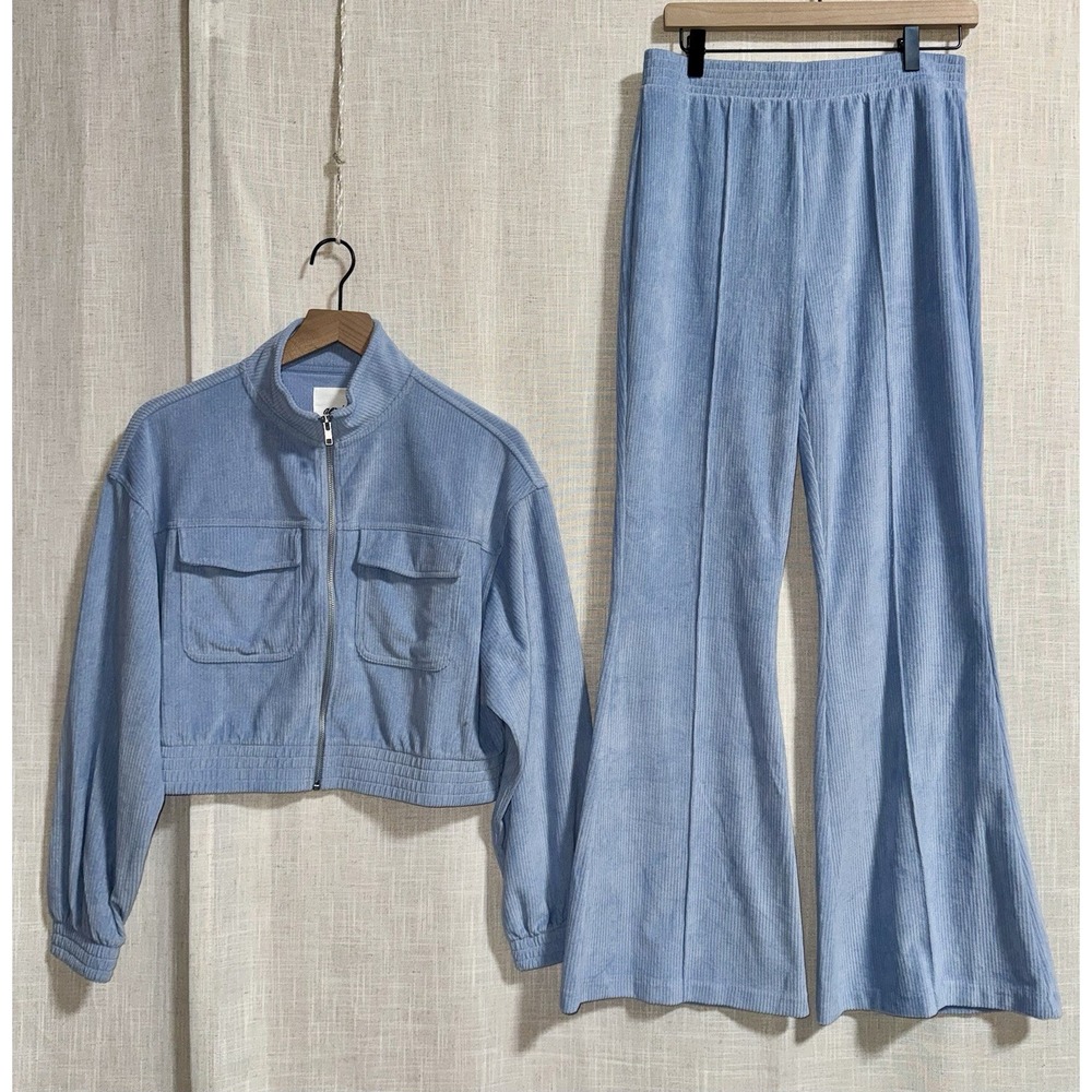 NWT Aerie Groove On Blue Sz M Corduroy Rib Velour Tracksuit Flare Pants Jacket